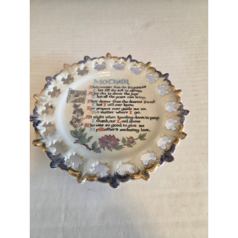 Vintage Mother Poem Decorative Plate Pierced Lattice Edge Gold Trim Floral 6"